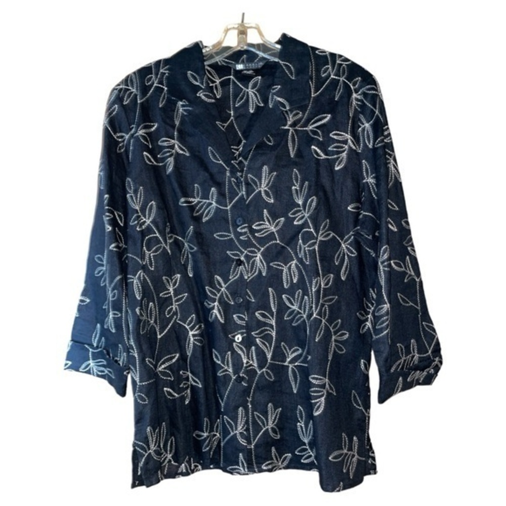 Carole Little Vtg 90s Linen Embroidered Blouse‎ Tunic Black XL Leaf Botanical